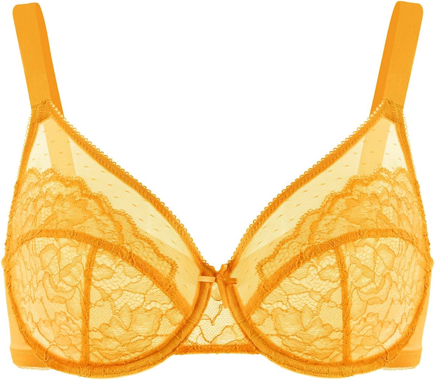 imageHSIA Minimizer Bras for Women Enchante Full Coverage Underwire Bras Plus Size Lifting Floral Lace Bra for Heavy BreastCadmium Yellow