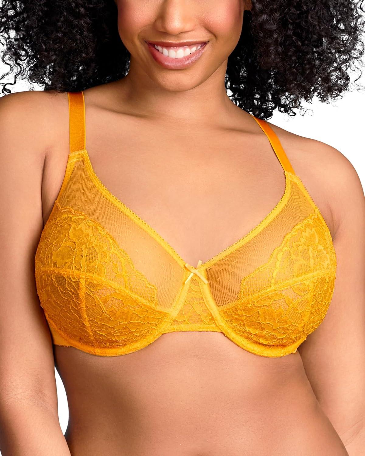 imageHSIA Minimizer Bras for Women Enchante Full Coverage Underwire Bras Plus Size Lifting Floral Lace Bra for Heavy BreastCadmium Yellow