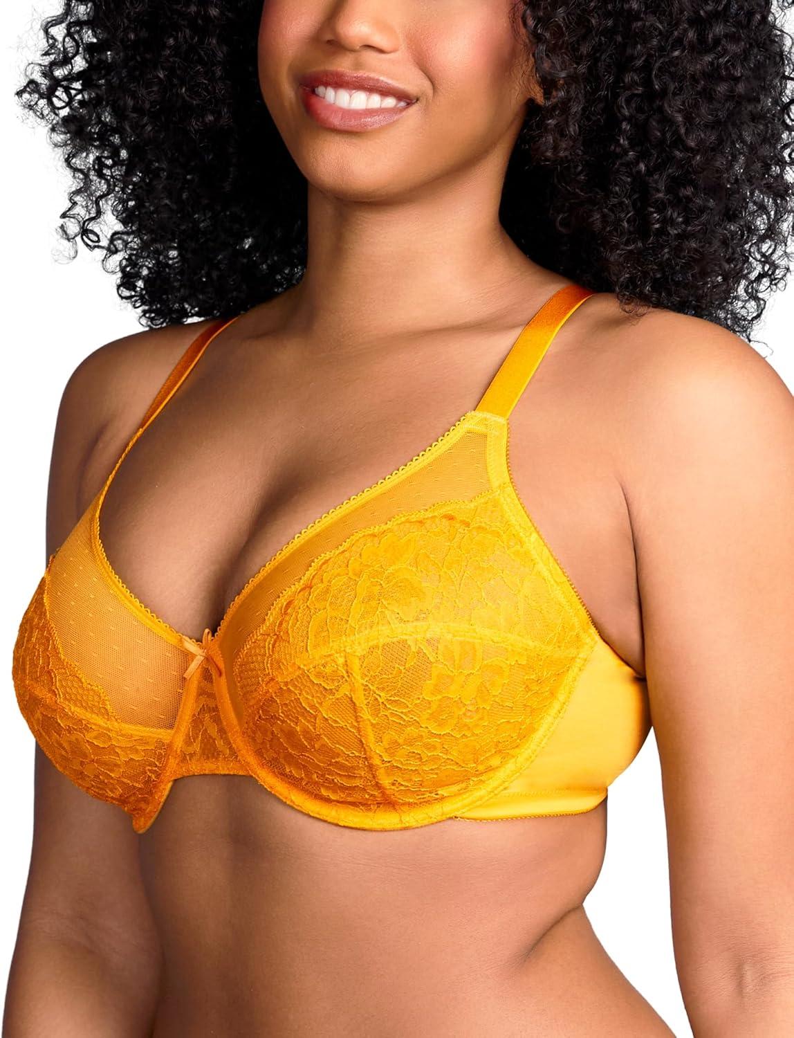 imageHSIA Minimizer Bras for Women Enchante Full Coverage Underwire Bras Plus Size Lifting Floral Lace Bra for Heavy BreastCadmium Yellow