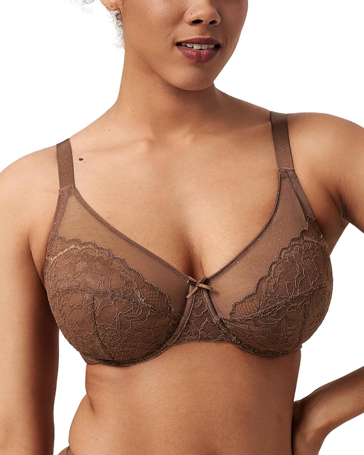 imageHSIA Minimizer Bras for Women Enchante Full Coverage Underwire Bras Plus Size Lifting Floral Lace Bra for Heavy BreastCoffee Brown