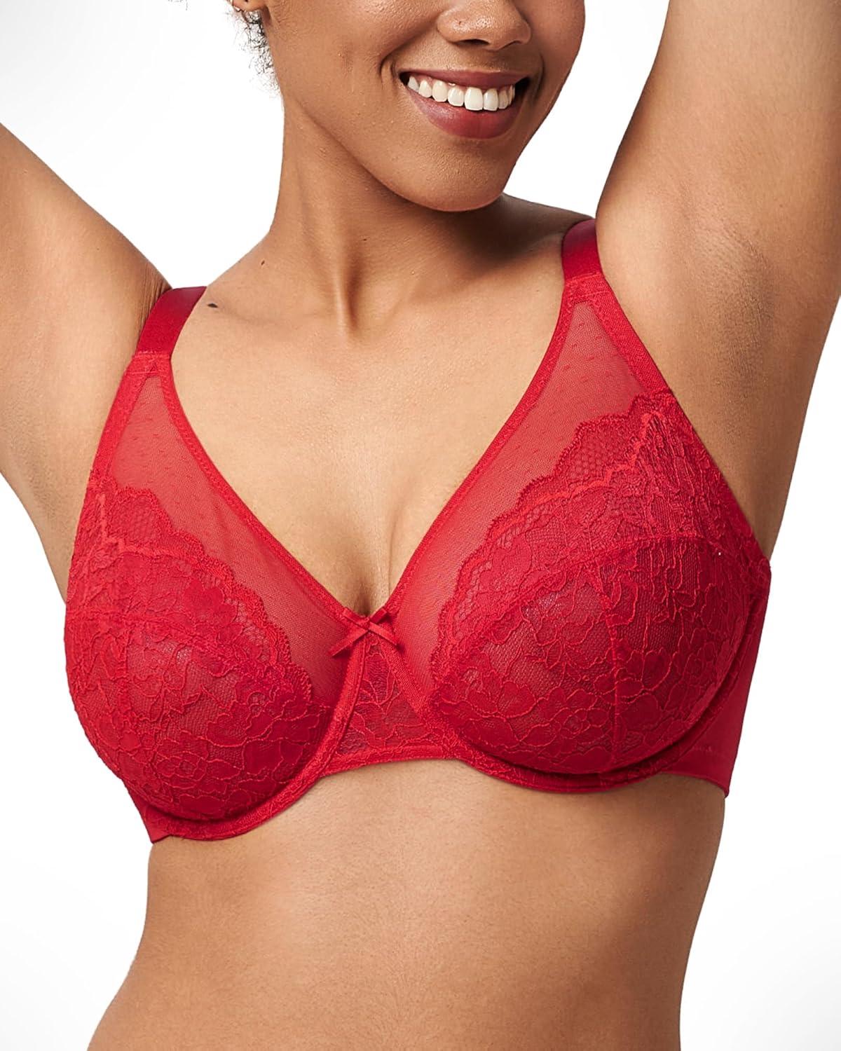 imageHSIA Minimizer Bras for Women Enchante Full Coverage Underwire Bras Plus Size Lifting Floral Lace Bra for Heavy BreastCoral Red