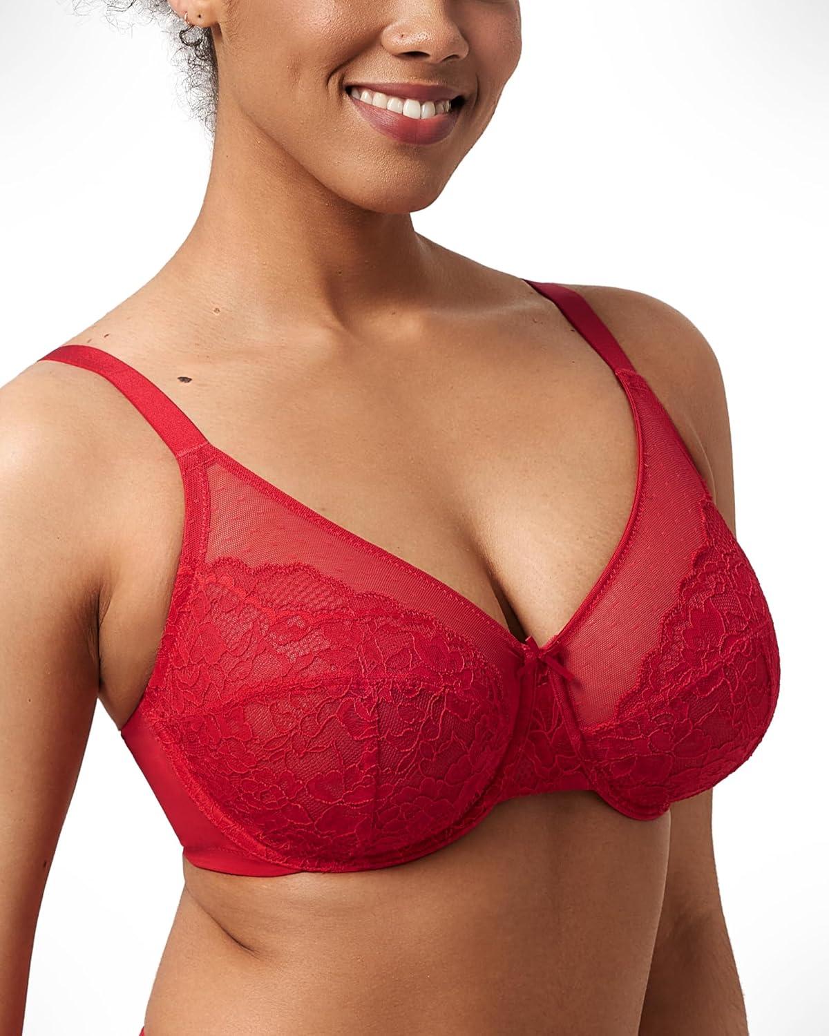 imageHSIA Minimizer Bras for Women Enchante Full Coverage Underwire Bras Plus Size Lifting Floral Lace Bra for Heavy BreastCoral Red