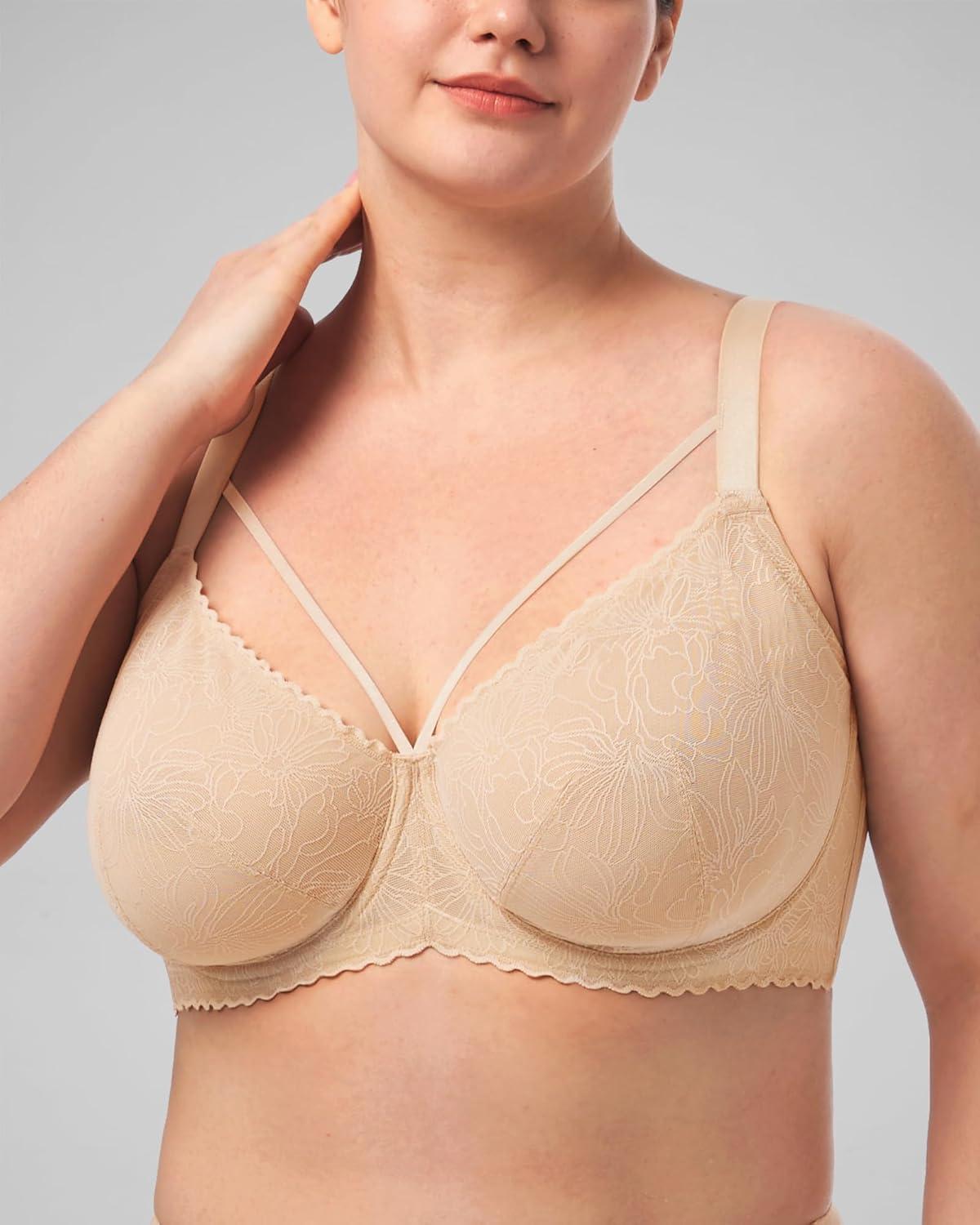 imageHSIA Minimizer Bras for Women Full Coverage Unlined Lace Sexy Plus Size Underwire Bra for Large BreastsApricot