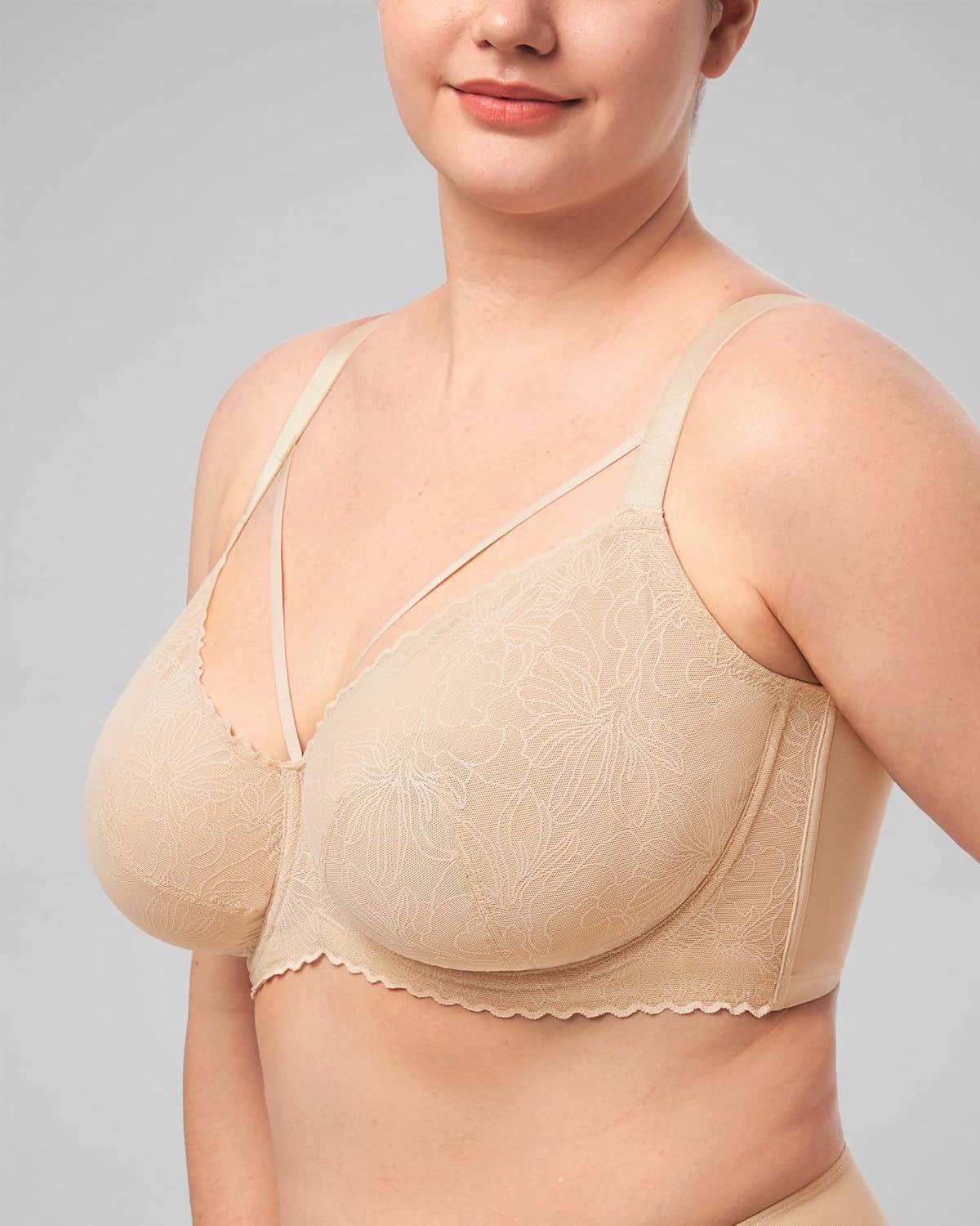 imageHSIA Minimizer Bras for Women Full Coverage Unlined Lace Sexy Plus Size Underwire Bra for Large BreastsApricot