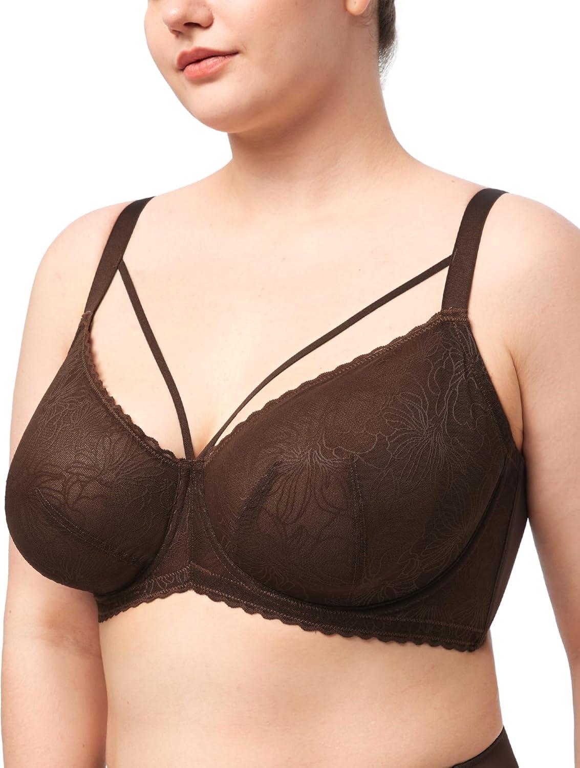 imageHSIA Minimizer Bras for Women Full Coverage Unlined Lace Sexy Plus Size Underwire Bra for Large BreastsDark Brown