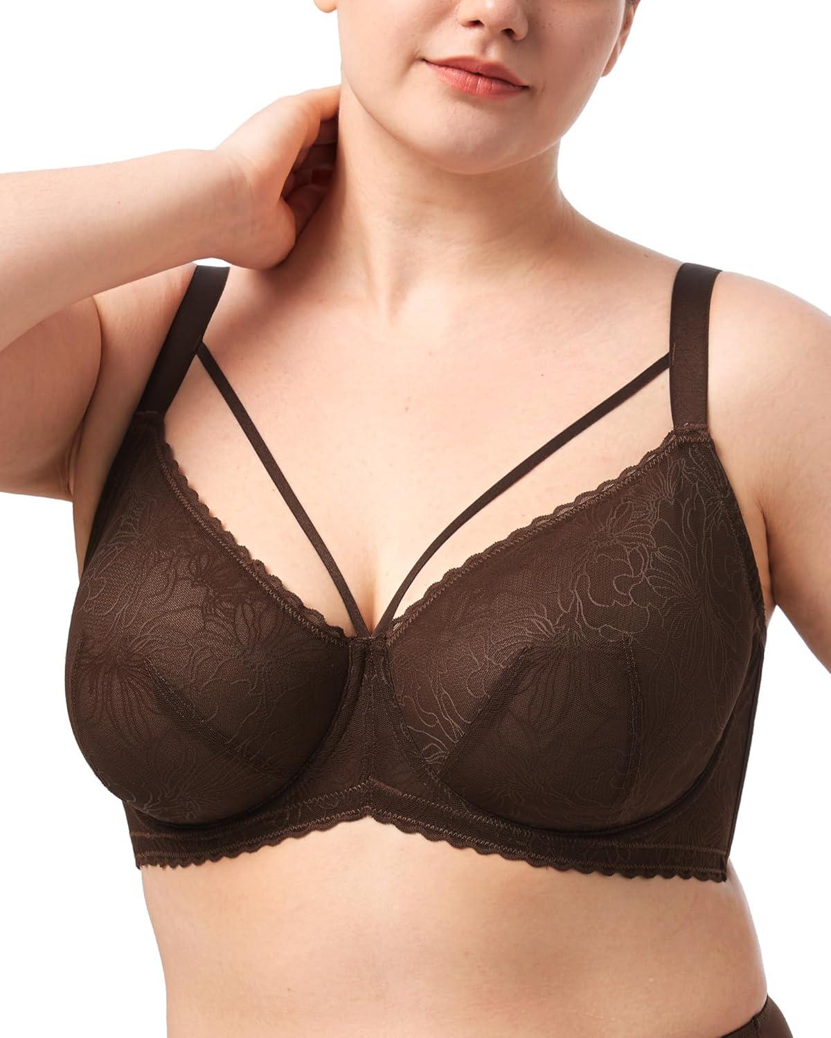 imageHSIA Minimizer Bras for Women Full Coverage Unlined Lace Sexy Plus Size Underwire Bra for Large BreastsDark Brown