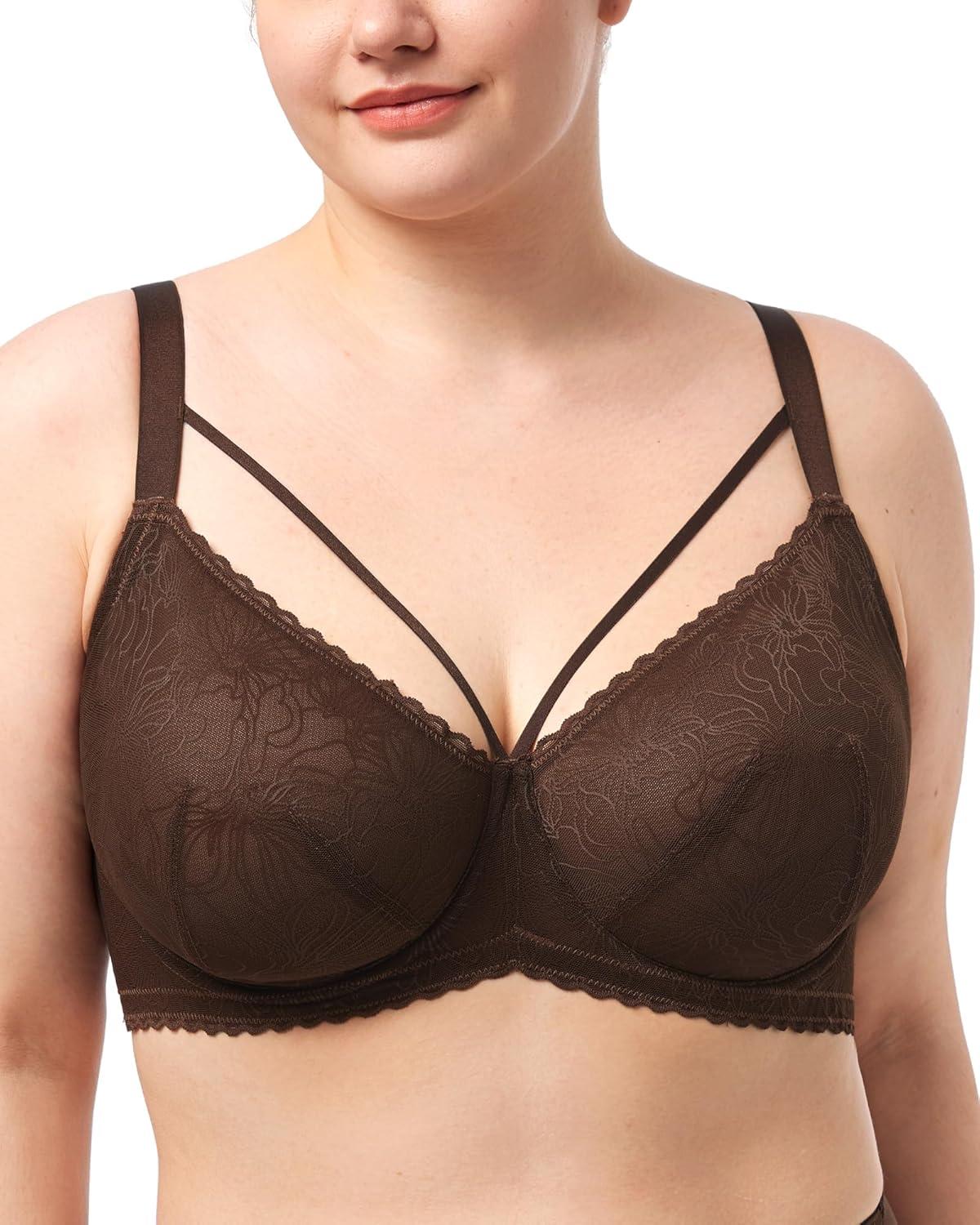 imageHSIA Minimizer Bras for Women Full Coverage Unlined Lace Sexy Plus Size Underwire Bra for Large BreastsDark Brown