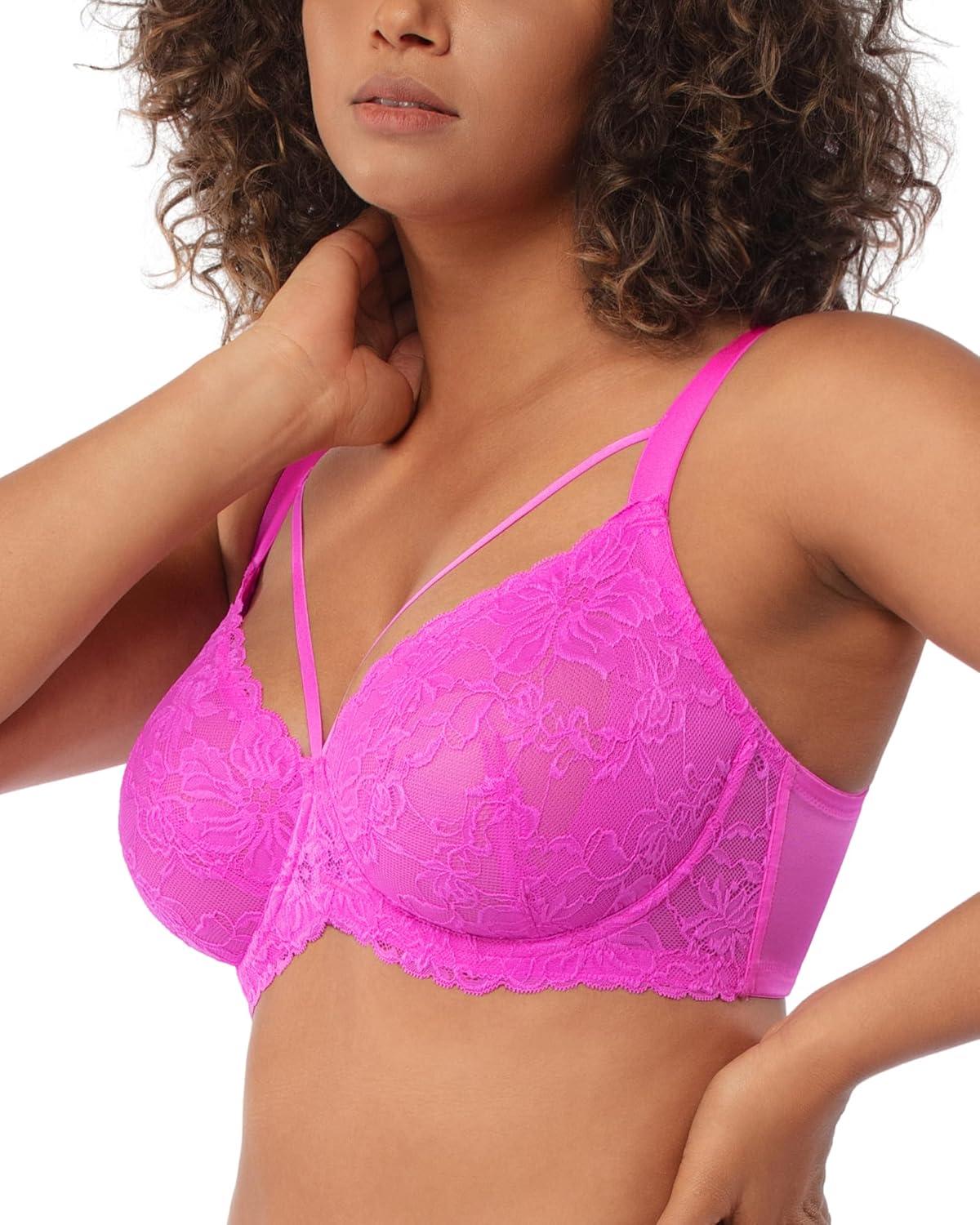 imageHSIA Minimizer Bras for Women Full Coverage Unlined Lace Sexy Plus Size Underwire Bra for Large BreastsHot Pink