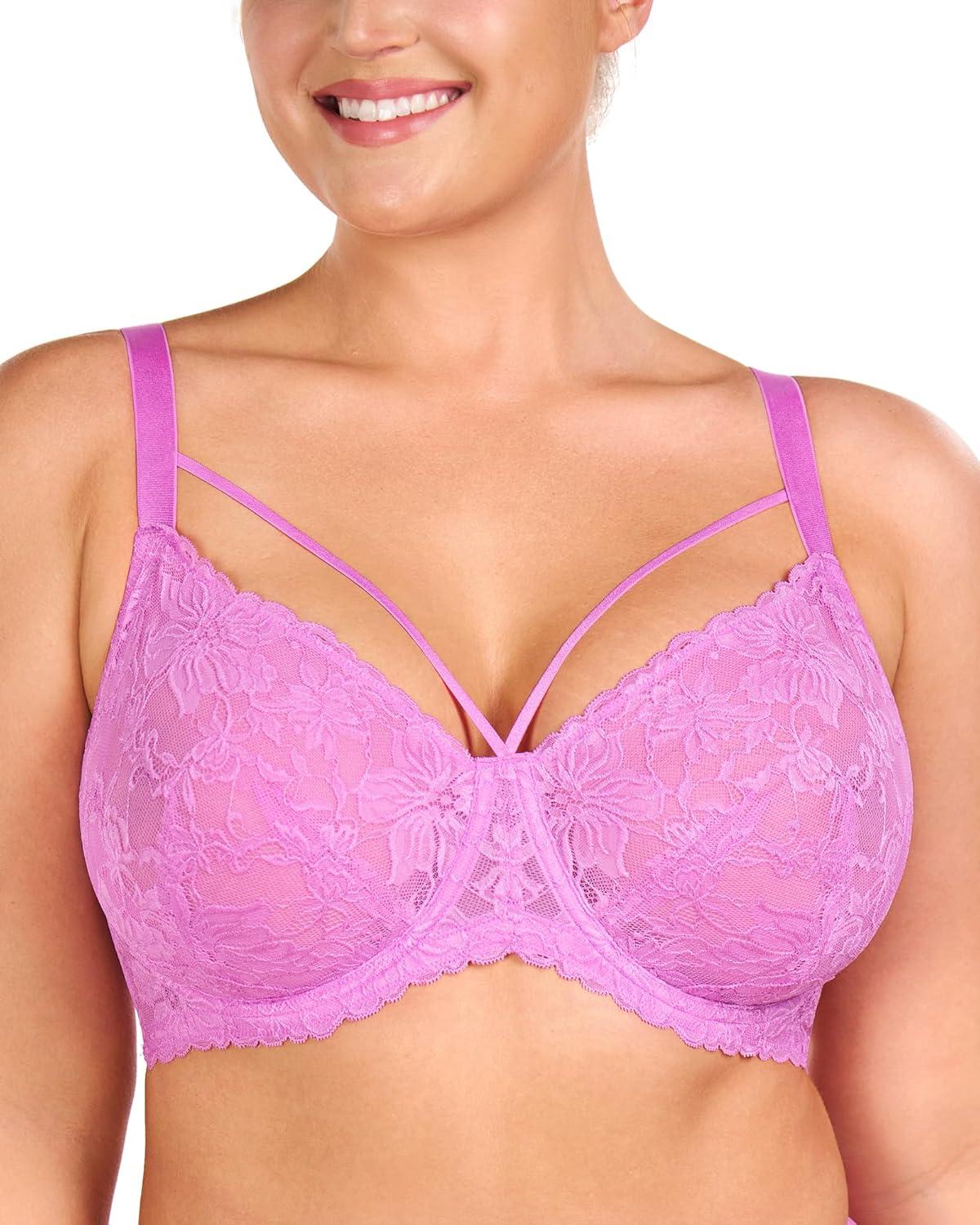 imageHSIA Minimizer Bras for Women Full Coverage Unlined Lace Sexy Plus Size Underwire Bra for Large BreastsPink Purple