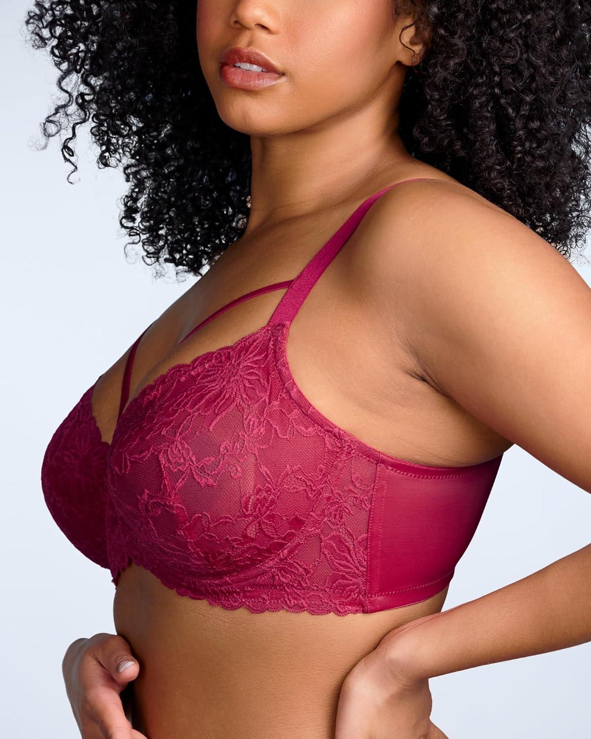 imageHSIA Minimizer Bras for Women Full Coverage Unlined Lace Sexy Plus Size Underwire Bra for Large BreastsRose Red