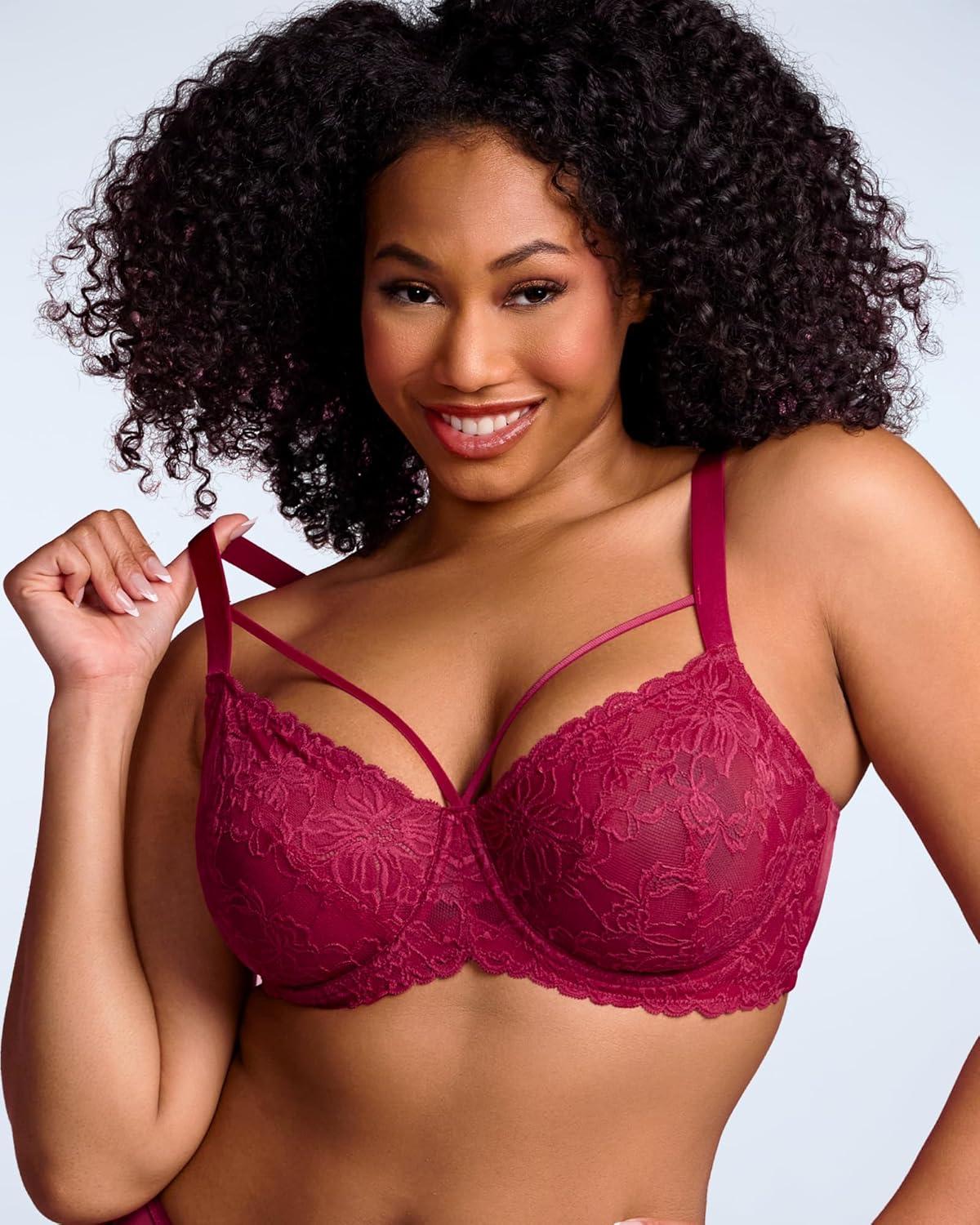 imageHSIA Minimizer Bras for Women Full Coverage Unlined Lace Sexy Plus Size Underwire Bra for Large BreastsRose Red