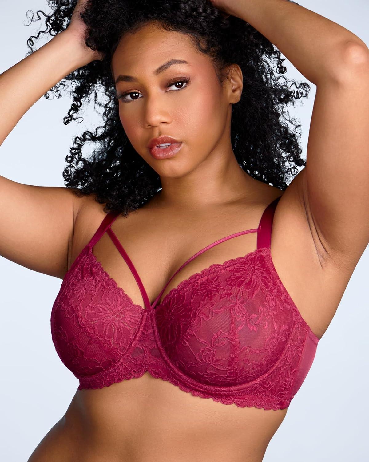imageHSIA Minimizer Bras for Women Full Coverage Unlined Lace Sexy Plus Size Underwire Bra for Large BreastsRose Red