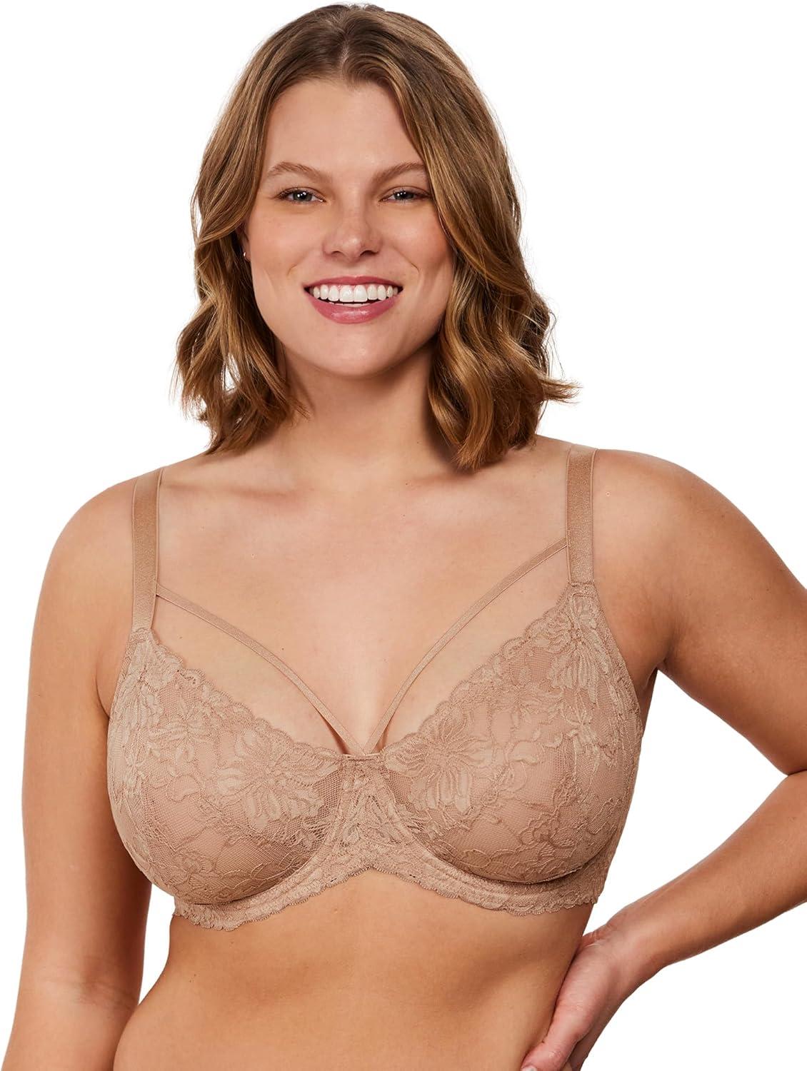 imageHSIA Minimizer Bras for Women Full Coverage Unlined Lace Sexy Plus Size Underwire Bra for Large BreastsTaupe Beige