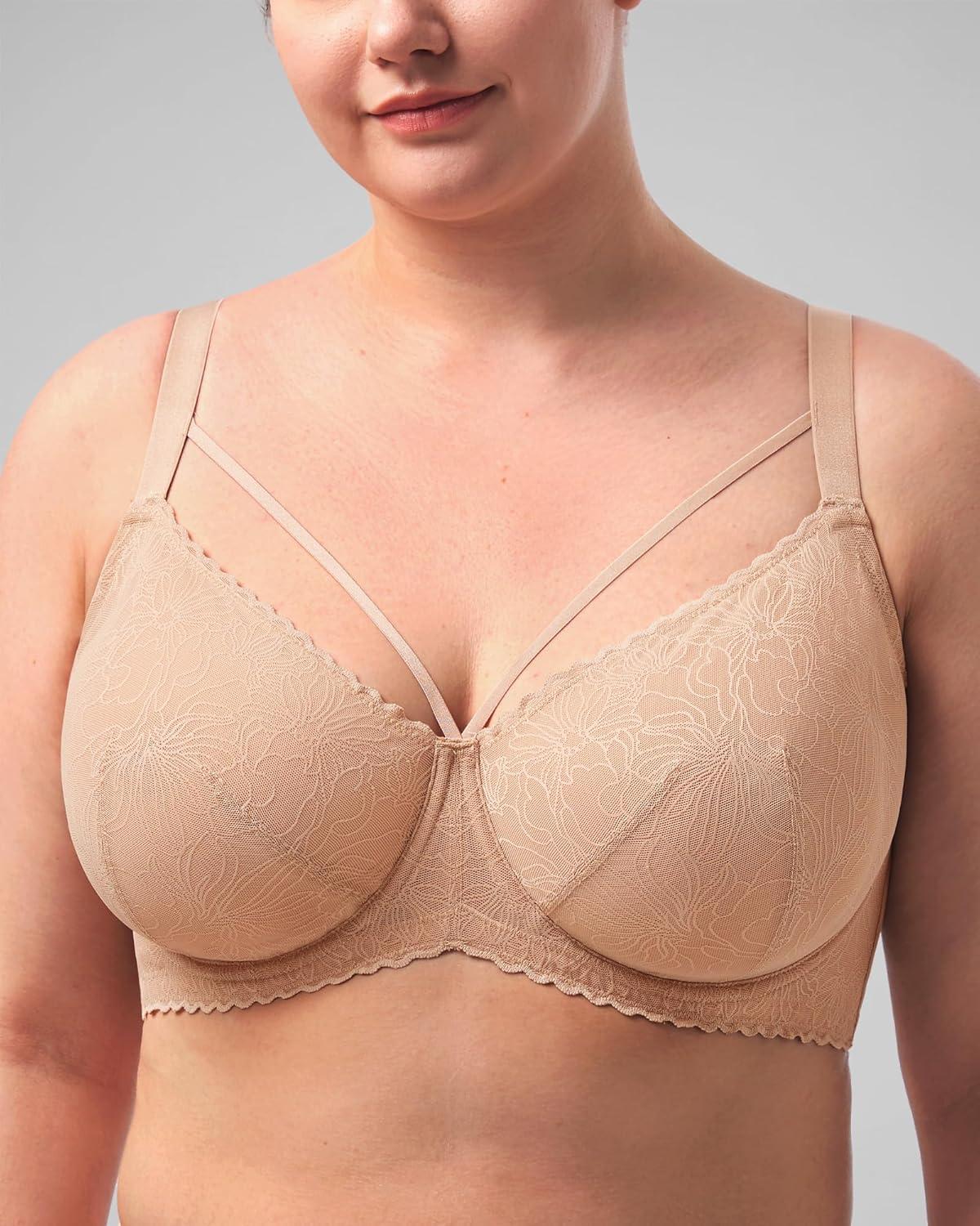 imageHSIA Minimizer Bras for Women Full Coverage Unlined Lace Sexy Plus Size Underwire Bra for Large BreastsWarm Beige