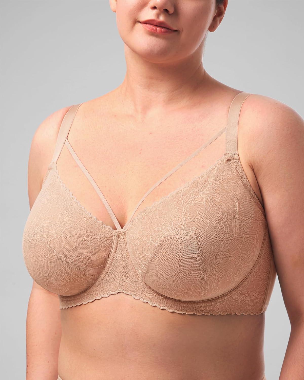 imageHSIA Minimizer Bras for Women Full Coverage Unlined Lace Sexy Plus Size Underwire Bra for Large BreastsWarm Beige