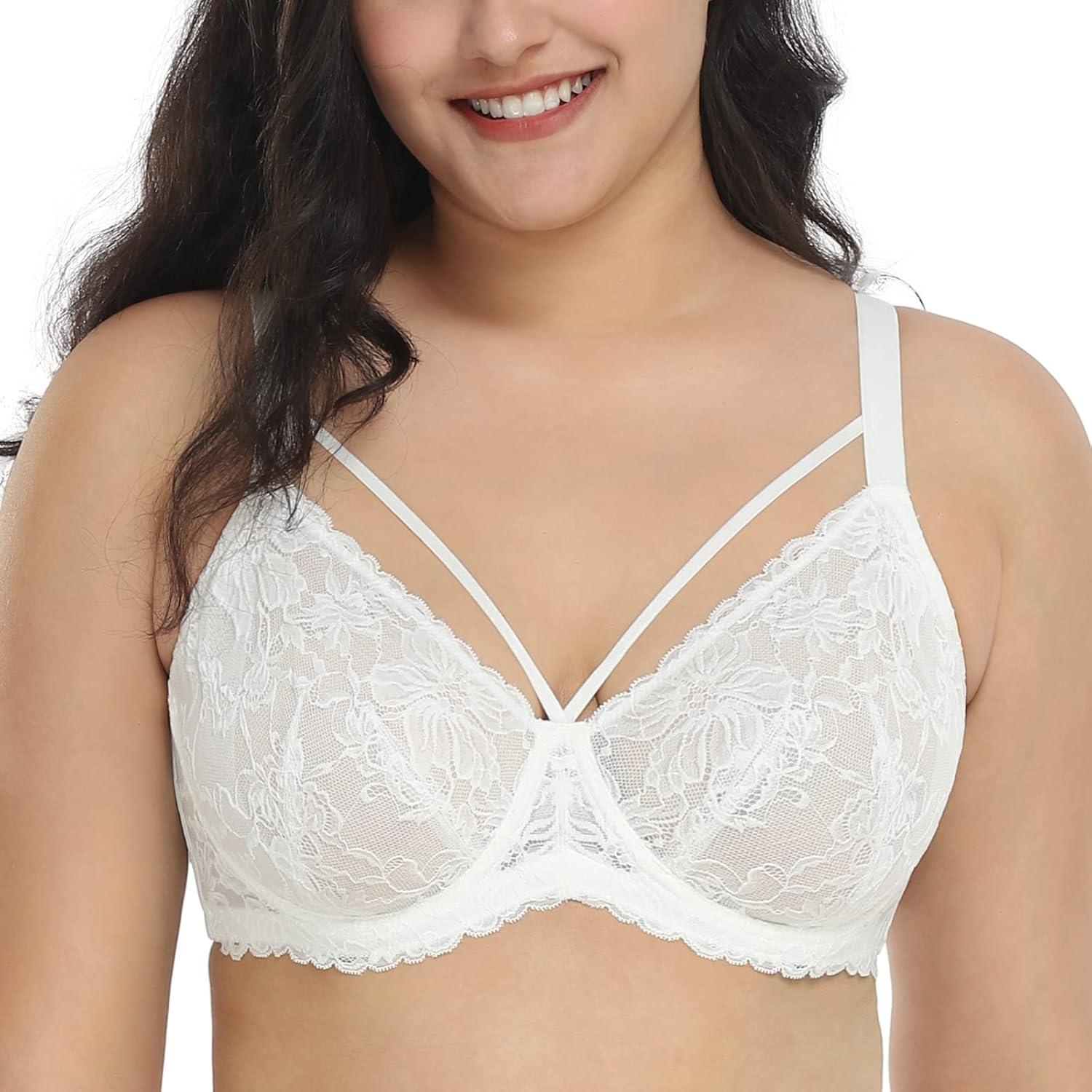 imageHSIA Minimizer Bras for Women Full Coverage Unlined Lace Sexy Plus Size Underwire Bra for Large BreastsWhite