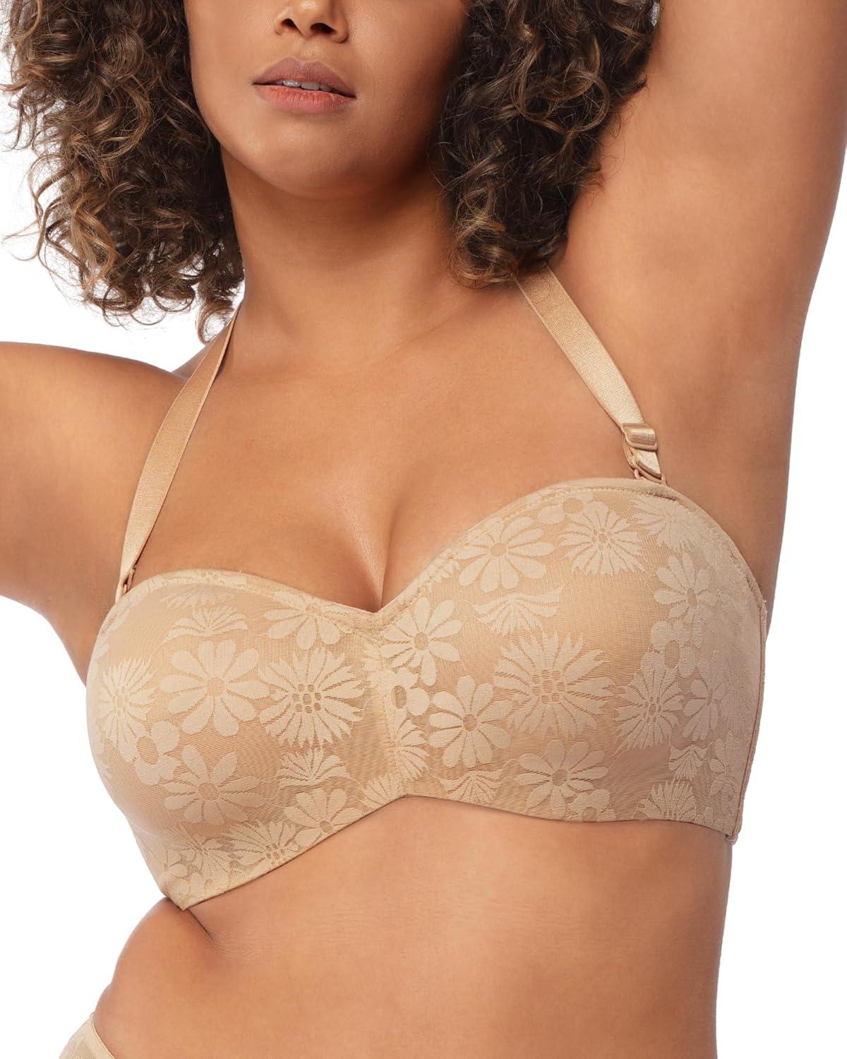 imageHSIA Strapless Bra for Big Bust Women Plus Size Full Coverage Bandeau Fiery Bra AntiSlip Underwire Support for Large BreastLace Natural Nude
