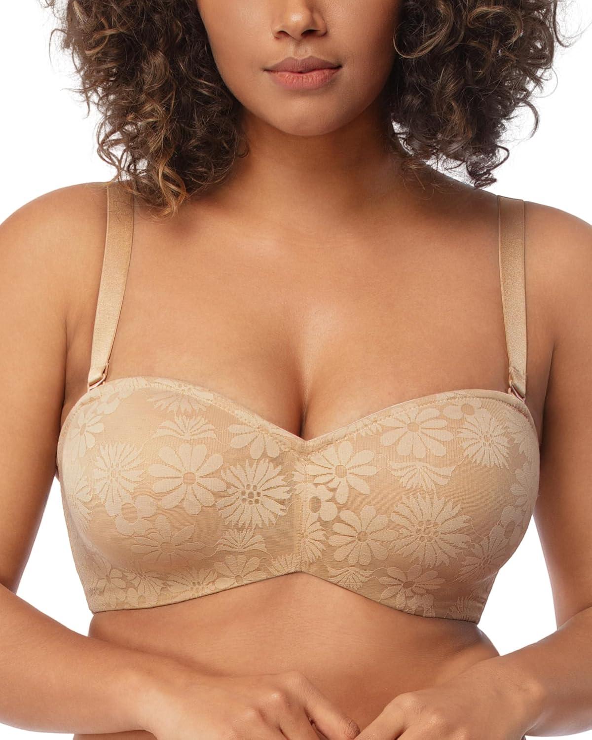 imageHSIA Strapless Bra for Big Bust Women Plus Size Full Coverage Bandeau Fiery Bra AntiSlip Underwire Support for Large BreastLace Natural Nude