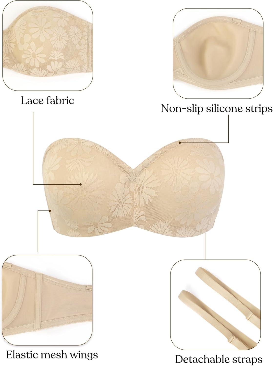 imageHSIA Strapless Bra for Big Bust Women Plus Size Full Coverage Bandeau Fiery Bra AntiSlip Underwire Support for Large BreastLace Natural Nude