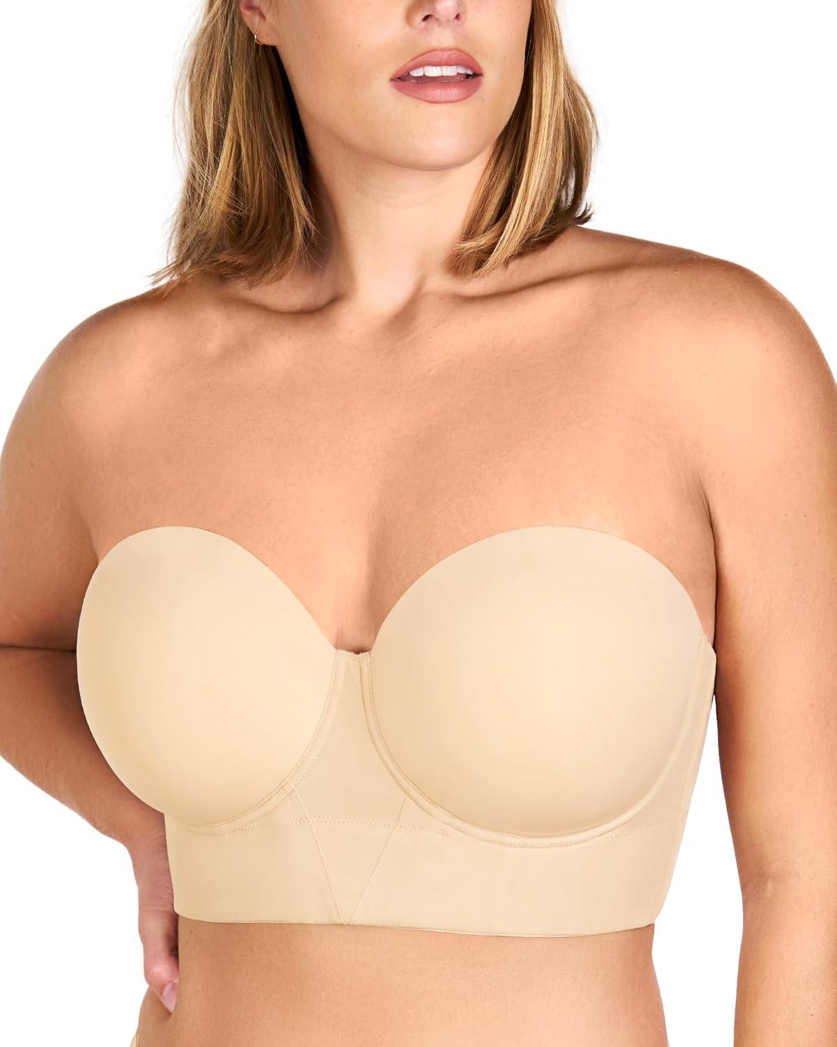 imageHSIA Strapless Bras for Women Longline Bandeau for Large Bust Plus Size Supportive Corset Non Slip Convertible BustierBeige