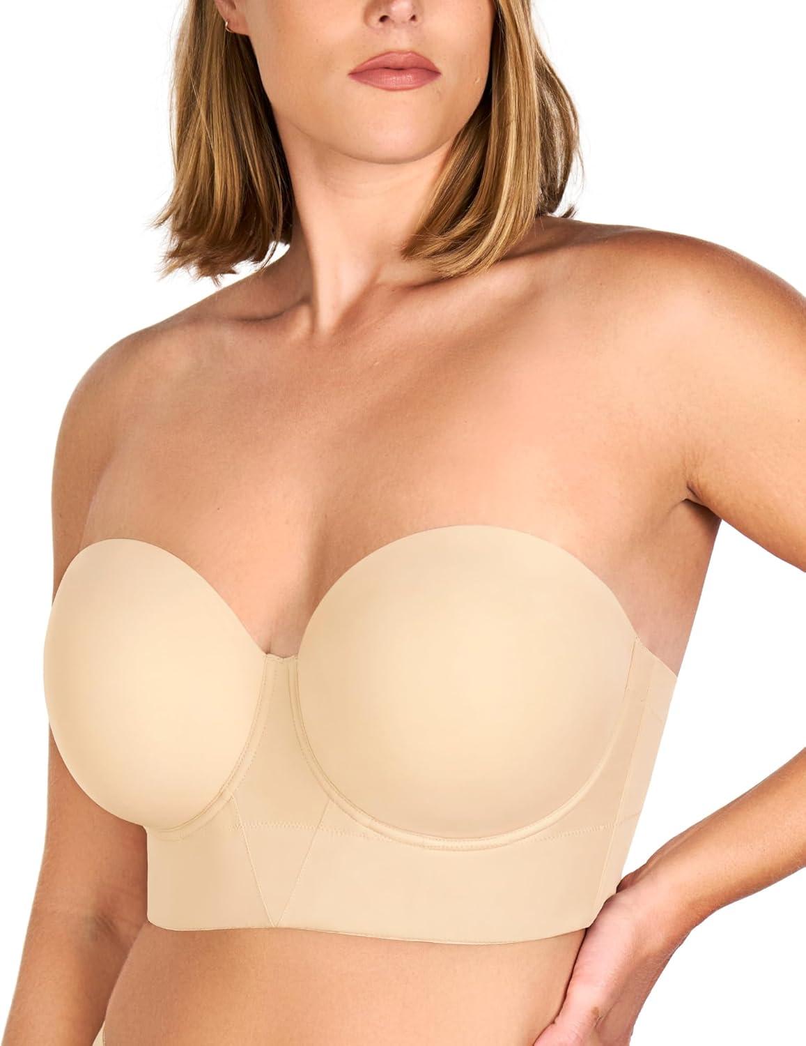 imageHSIA Strapless Bras for Women Longline Bandeau for Large Bust Plus Size Supportive Corset Non Slip Convertible BustierBeige