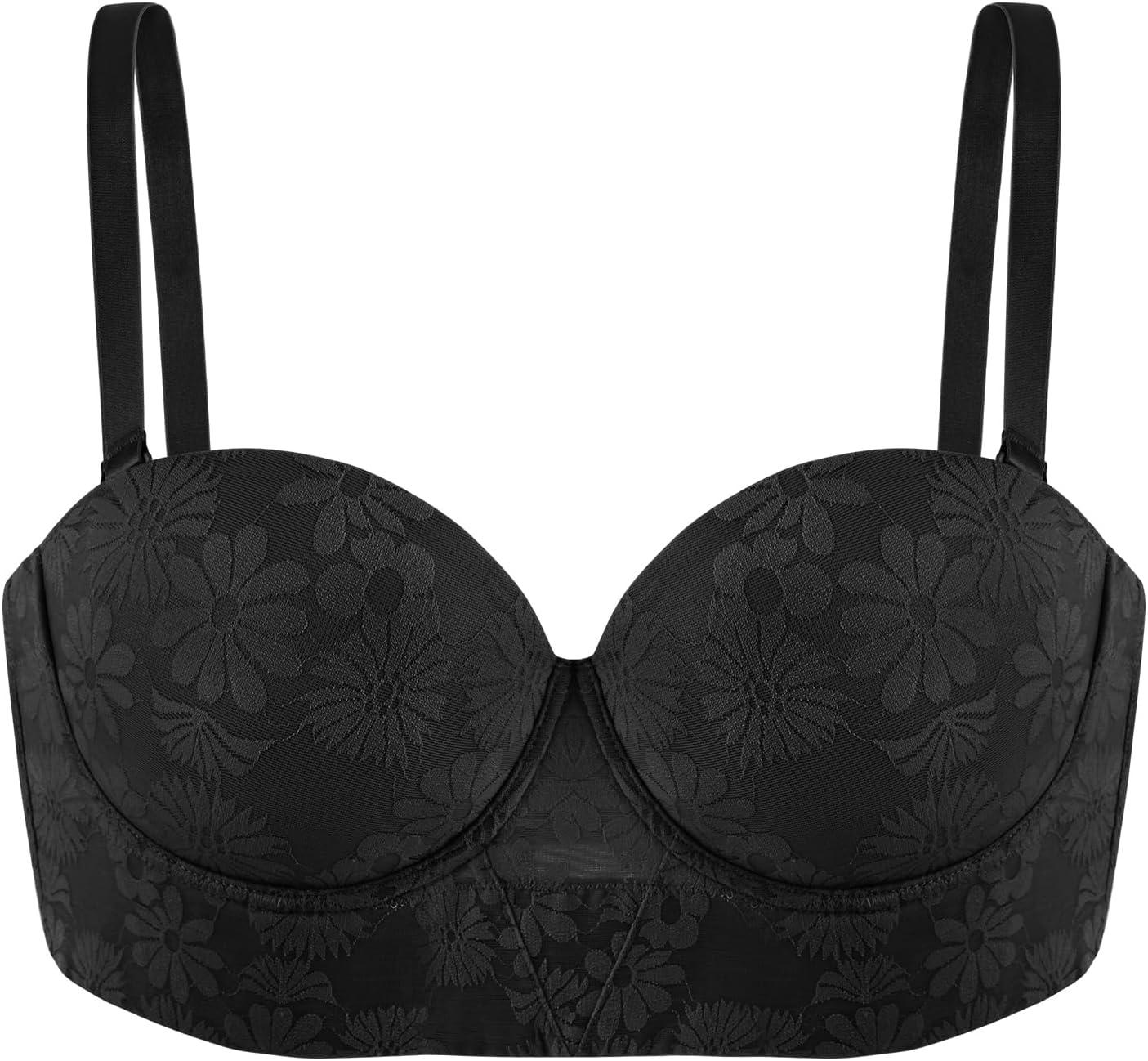 imageHSIA Strapless Bras for Women Longline Bandeau for Large Bust Plus Size Supportive Corset Non Slip Convertible BustierLace Black