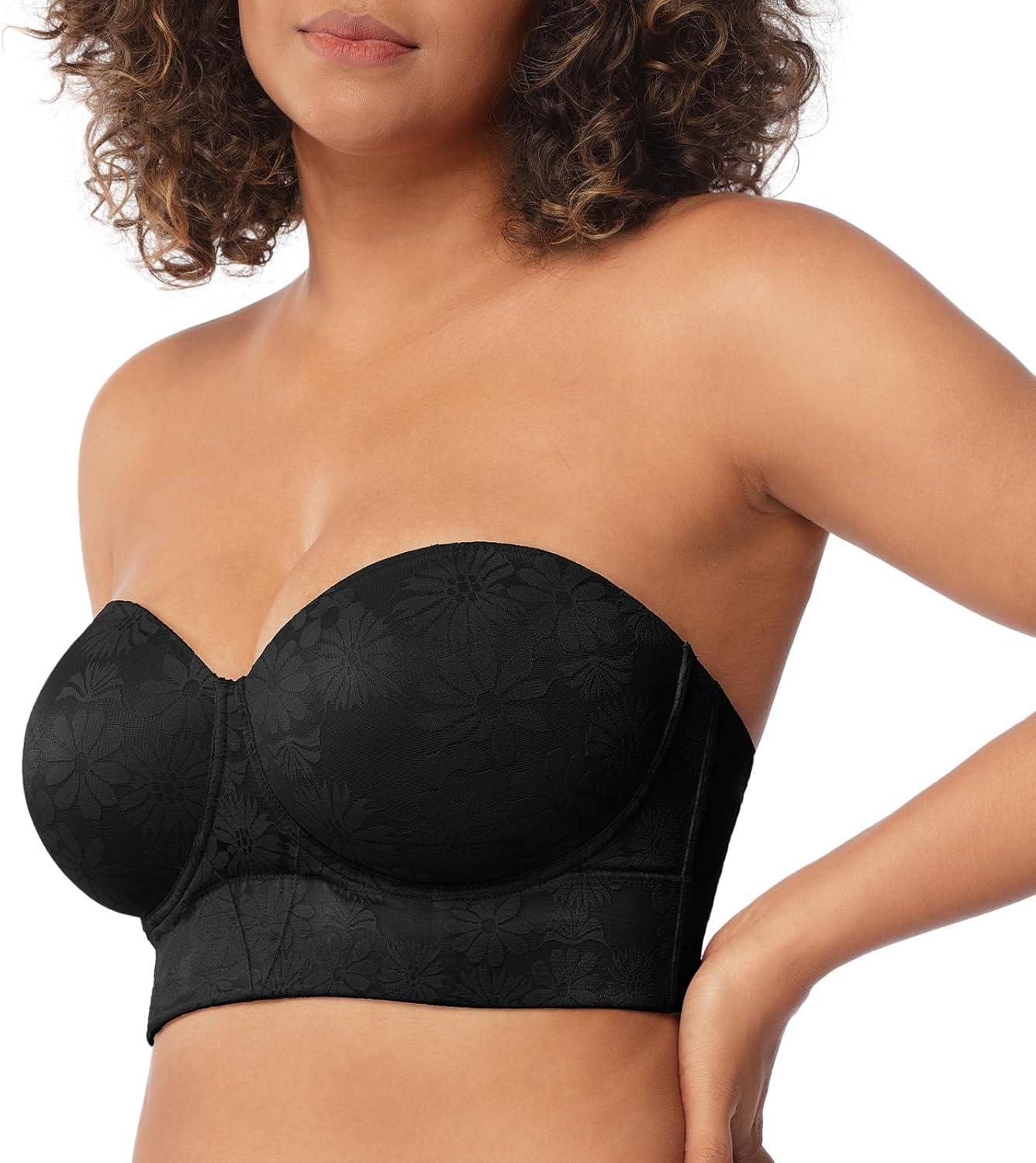 imageHSIA Strapless Bras for Women Longline Bandeau for Large Bust Plus Size Supportive Corset Non Slip Convertible BustierLace Black