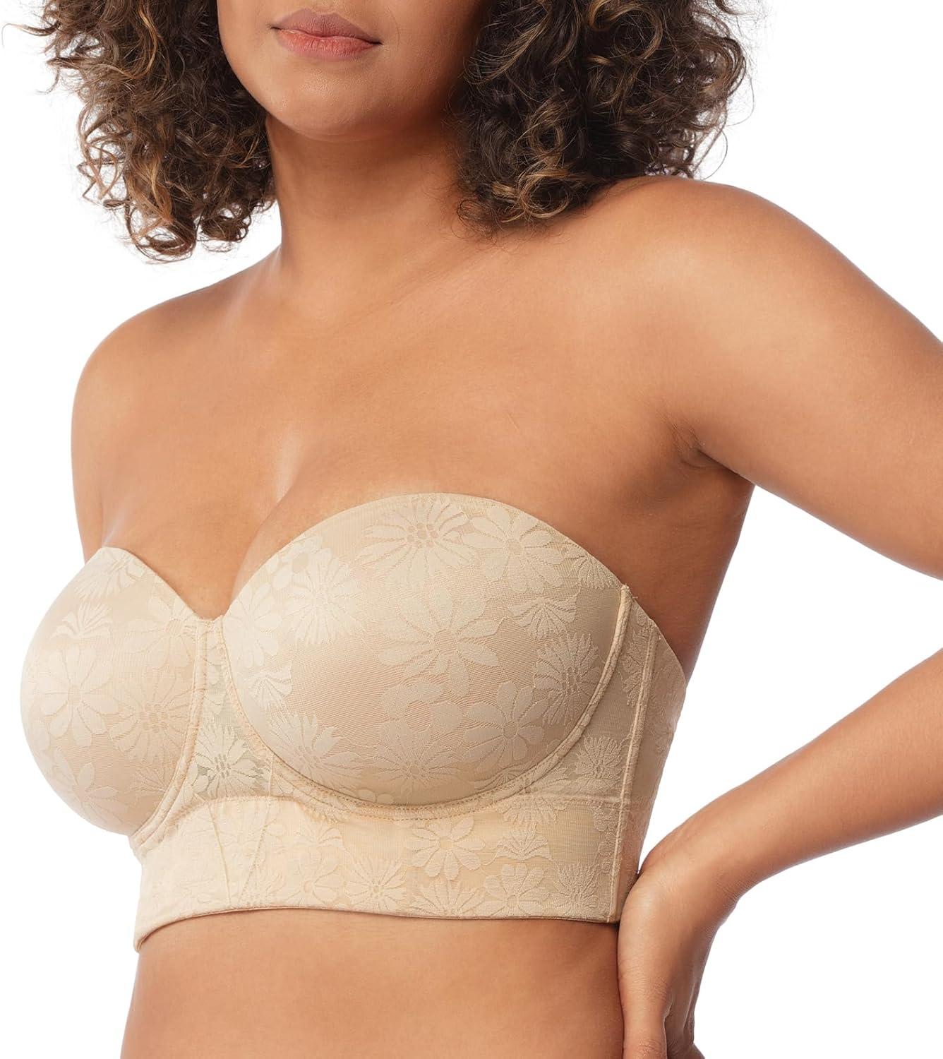 imageHSIA Strapless Bras for Women Longline Bandeau for Large Bust Plus Size Supportive Corset Non Slip Convertible BustierLace Natural Nude