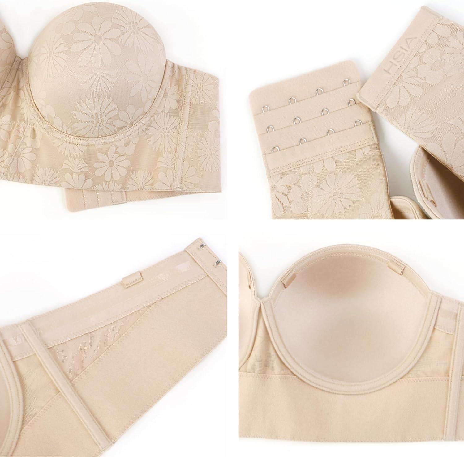 imageHSIA Strapless Bras for Women Longline Bandeau for Large Bust Plus Size Supportive Corset Non Slip Convertible BustierLace Natural Nude