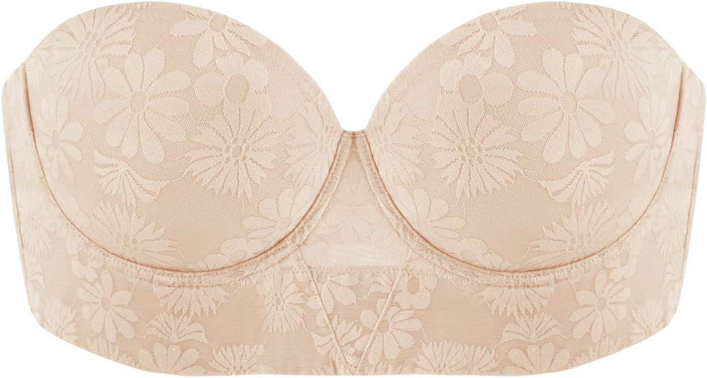 imageHSIA Strapless Bras for Women Longline Bandeau for Large Bust Plus Size Supportive Corset Non Slip Convertible BustierLace Natural Nude
