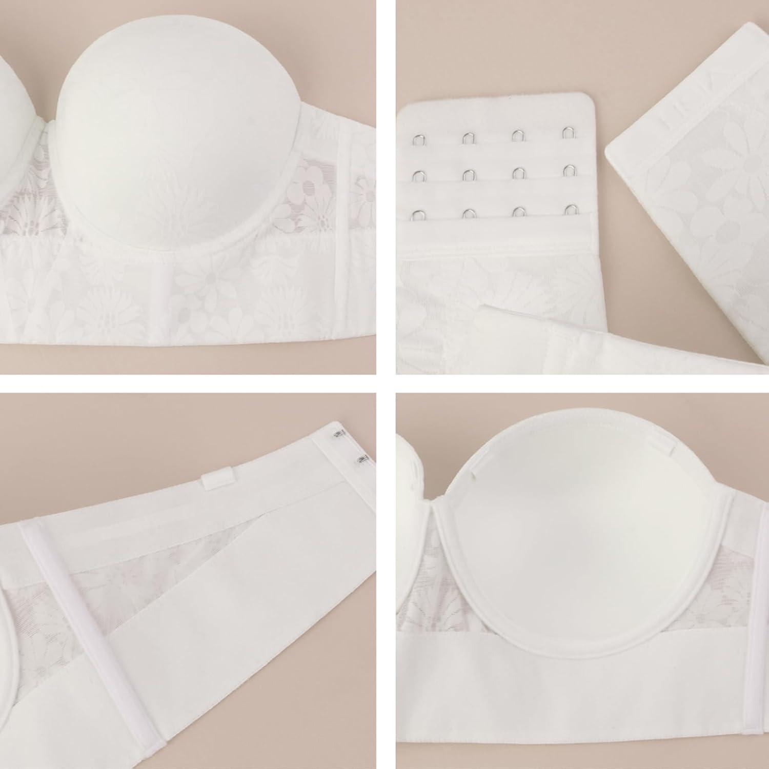 imageHSIA Strapless Bras for Women Longline Bandeau for Large Bust Plus Size Supportive Corset Non Slip Convertible BustierLace White