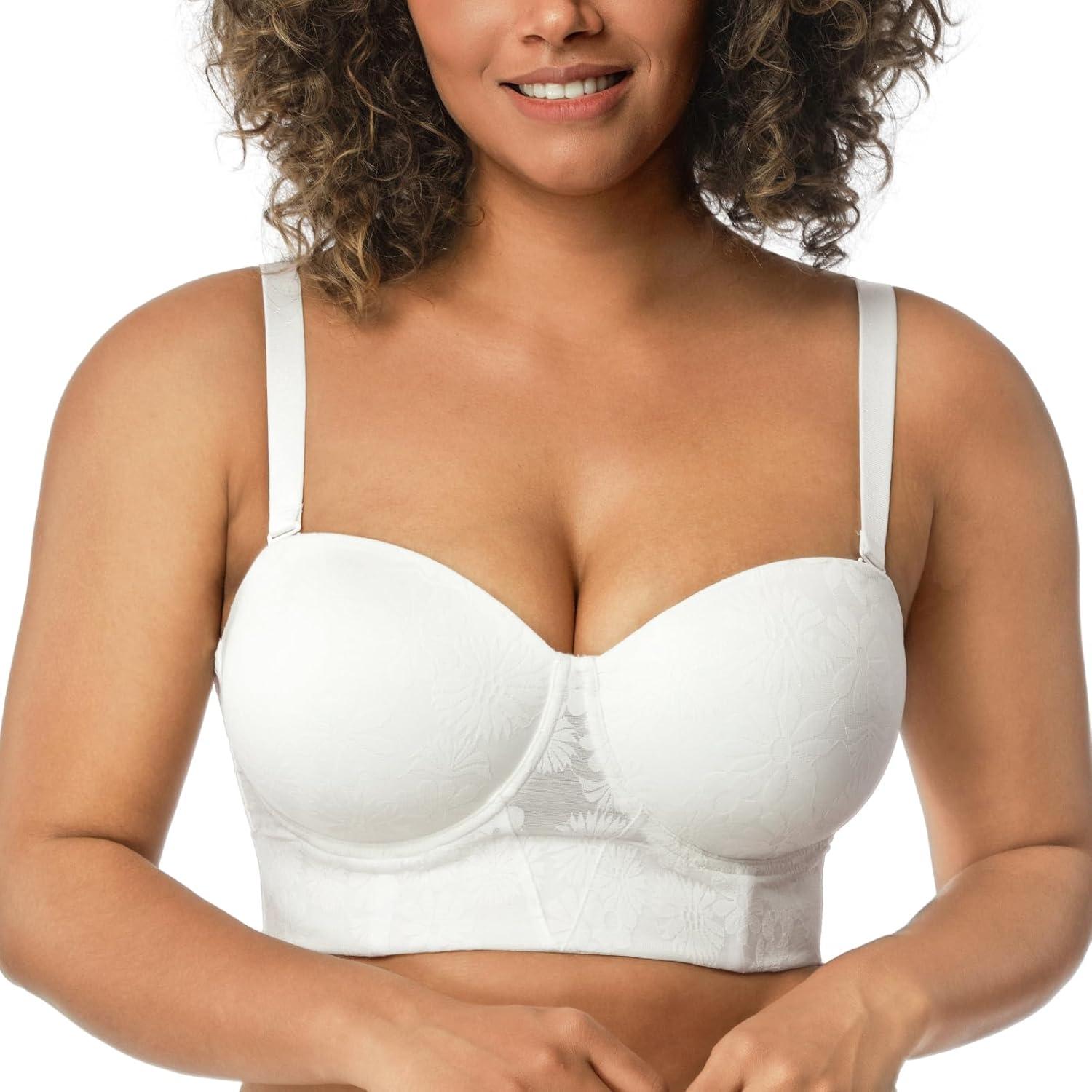 imageHSIA Strapless Bras for Women Longline Bandeau for Large Bust Plus Size Supportive Corset Non Slip Convertible BustierLace White