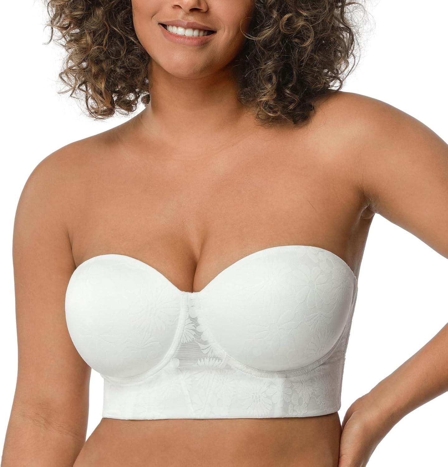 imageHSIA Strapless Bras for Women Longline Bandeau for Large Bust Plus Size Supportive Corset Non Slip Convertible BustierLace White
