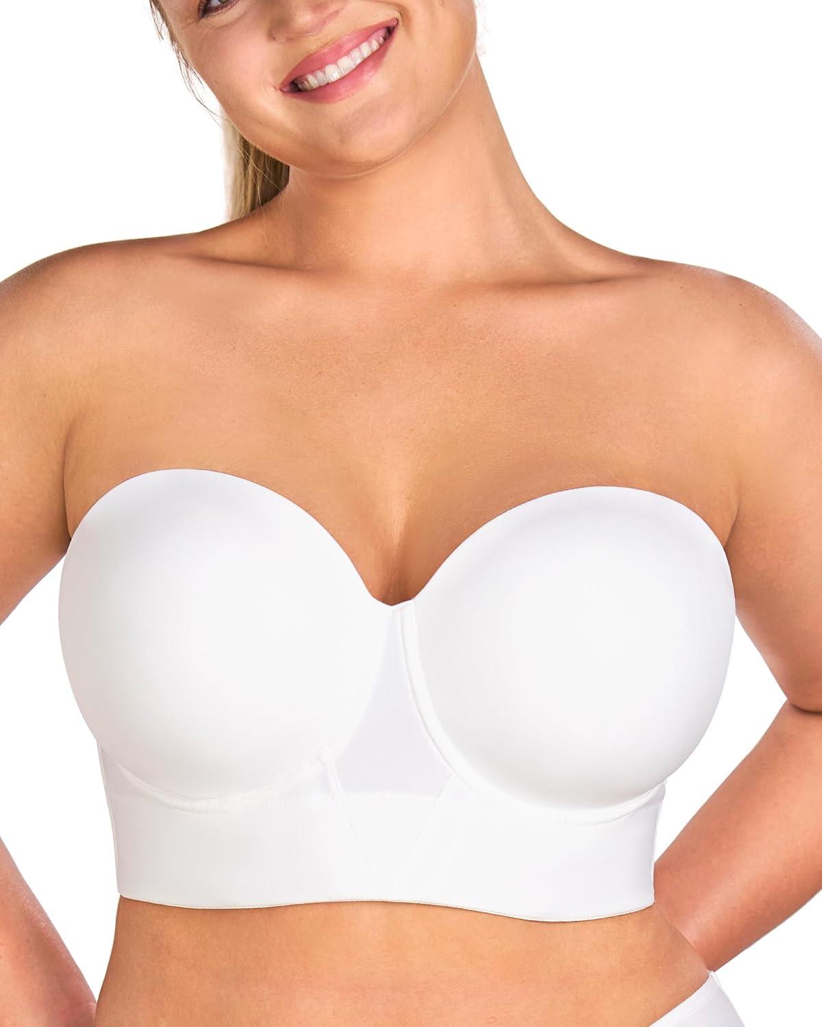 imageHSIA Strapless Bras for Women Longline Bandeau for Large Bust Plus Size Supportive Corset Non Slip Convertible BustierWhite