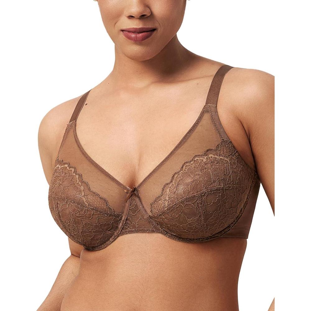 imageHSIA Minimizer Bras for Women Enchante Full Coverage Underwire Bras Plus Size Lifting Floral Lace Bra for Heavy BreastCoffee Brown