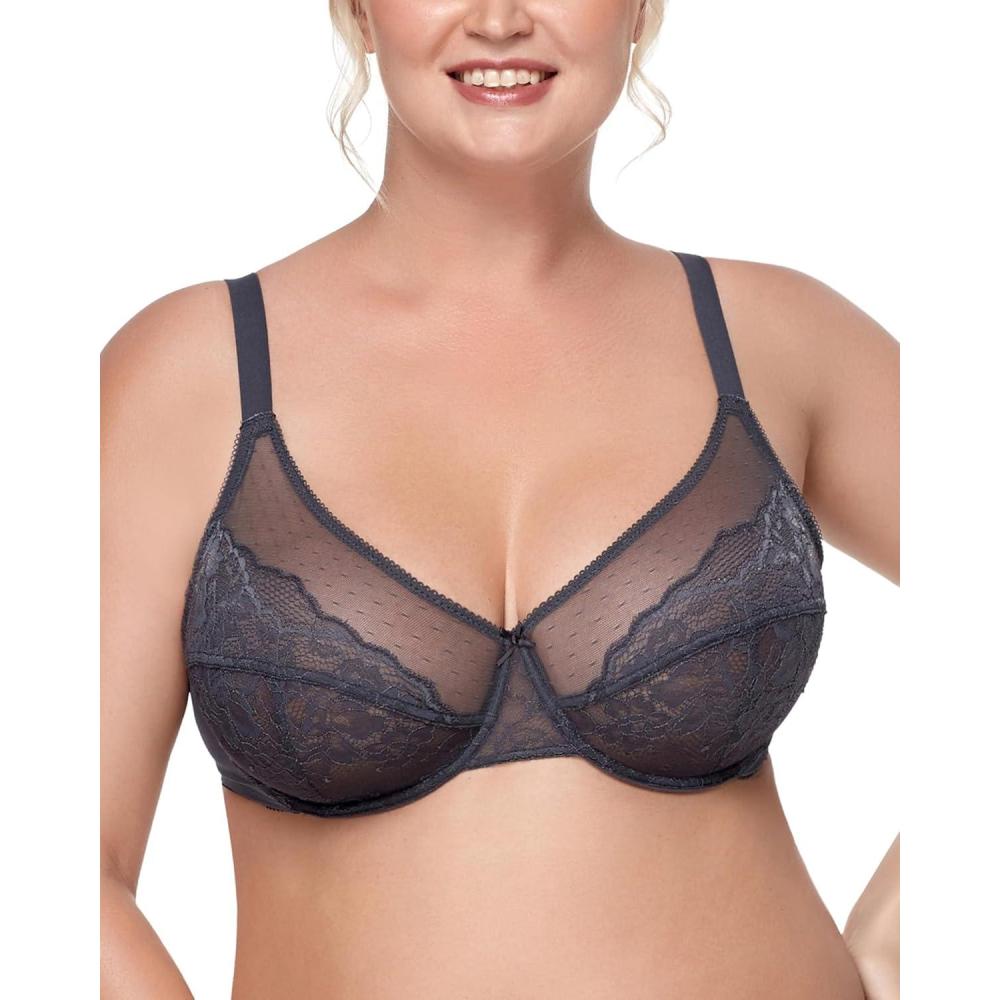 imageHSIA Minimizer Bras for Women Enchante Full Coverage Underwire Bras Plus Size Lifting Floral Lace Bra for Heavy BreastDark Grey