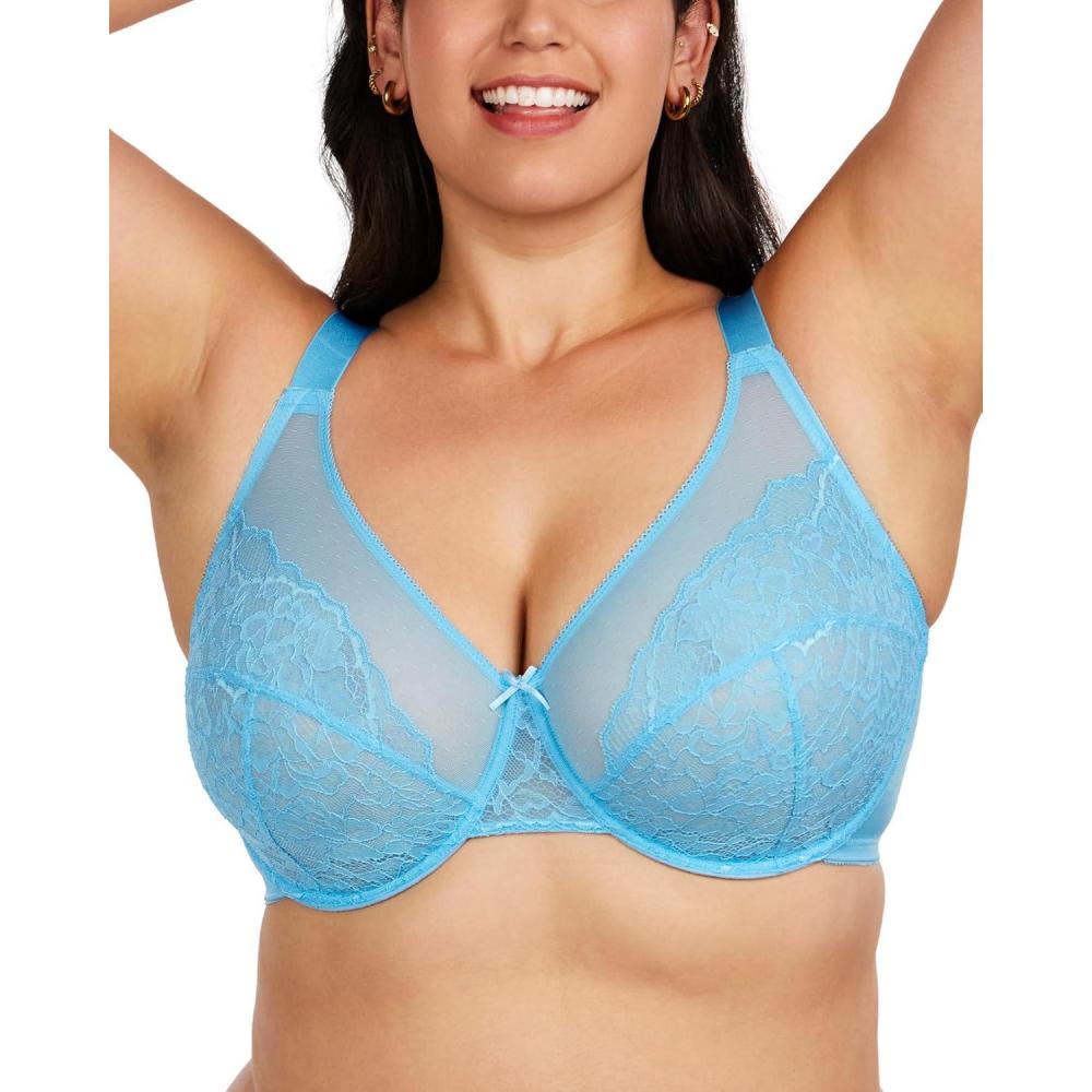 imageHSIA Minimizer Bras for Women Enchante Full Coverage Underwire Bras Plus Size Lifting Floral Lace Bra for Heavy BreastPastel Blue