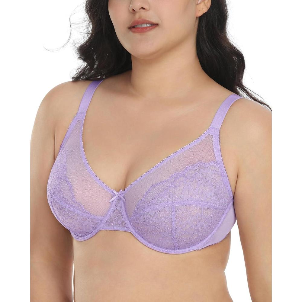 imageHSIA Minimizer Bras for Women Enchante Full Coverage Underwire Bras Plus Size Lifting Floral Lace Bra for Heavy BreastPurple
