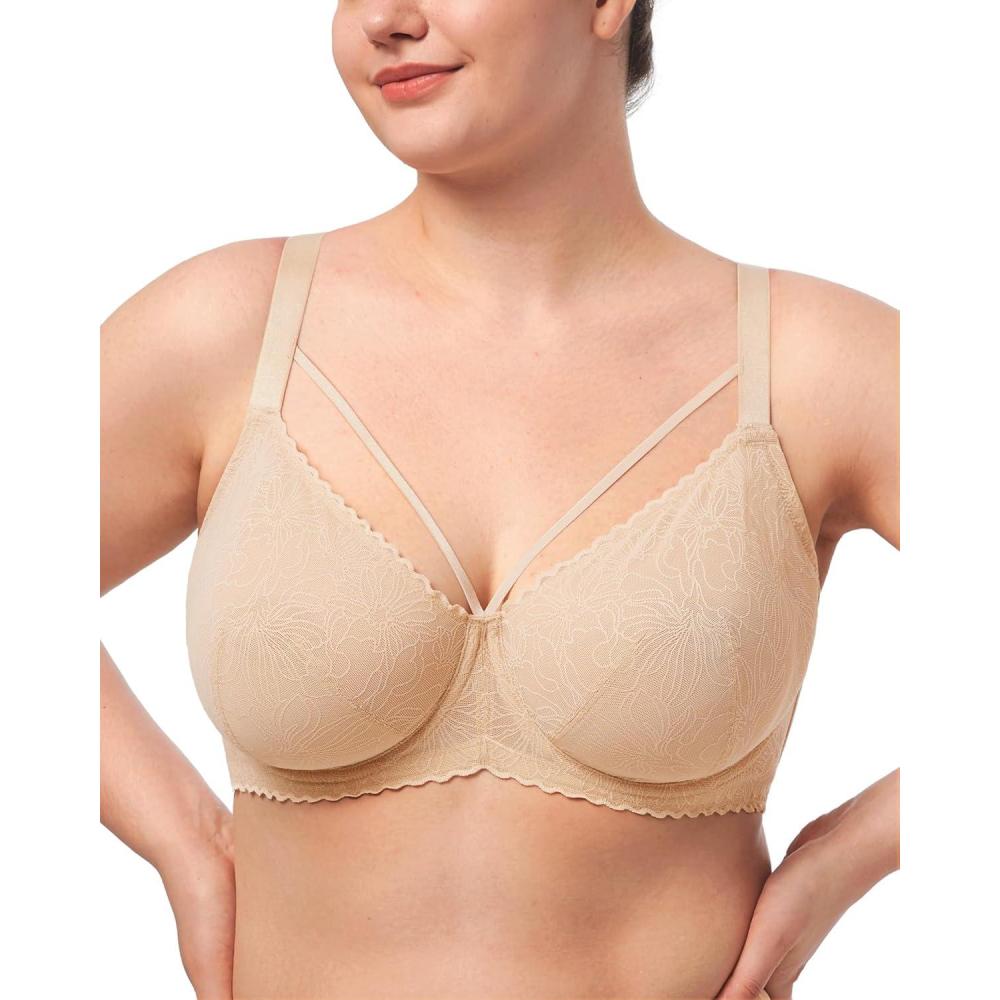 imageHSIA Minimizer Bras for Women Full Coverage Unlined Lace Sexy Plus Size Underwire Bra for Large BreastsApricot