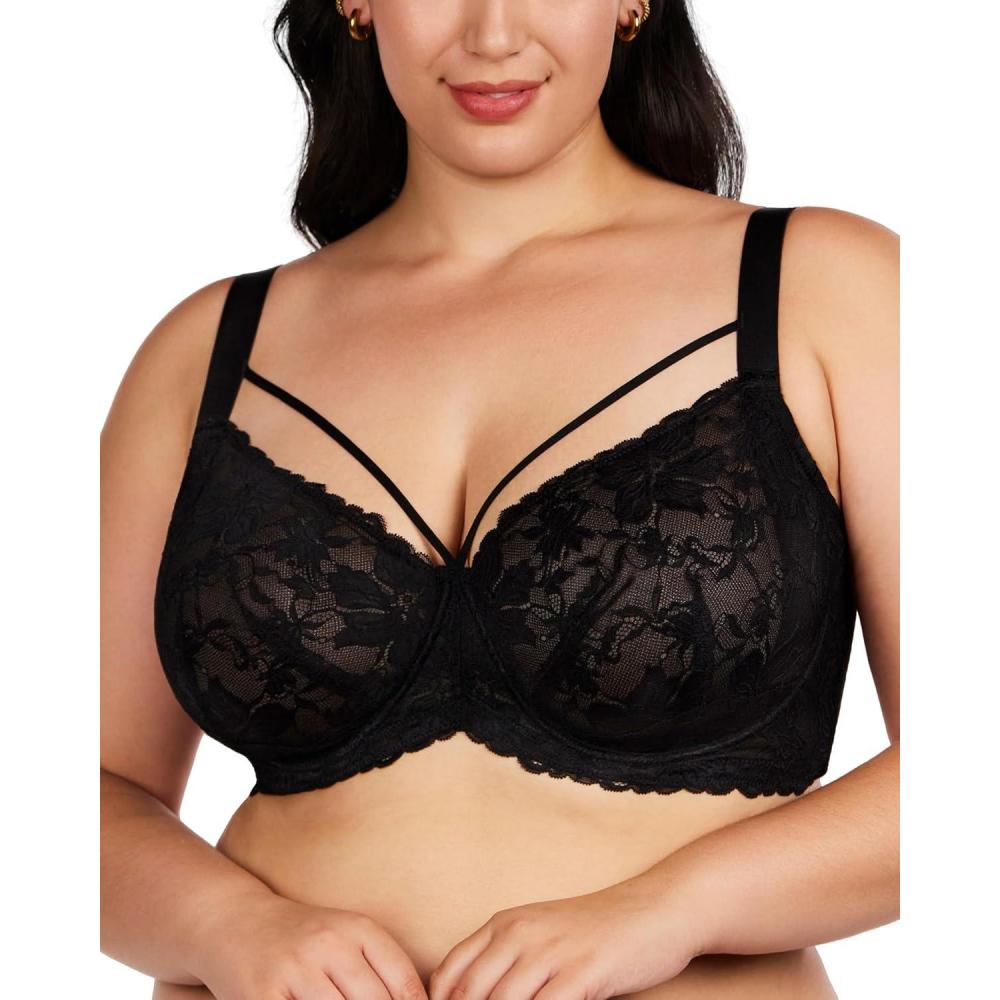 imageHSIA Minimizer Bras for Women Full Coverage Unlined Lace Sexy Plus Size Underwire Bra for Large BreastsBlack