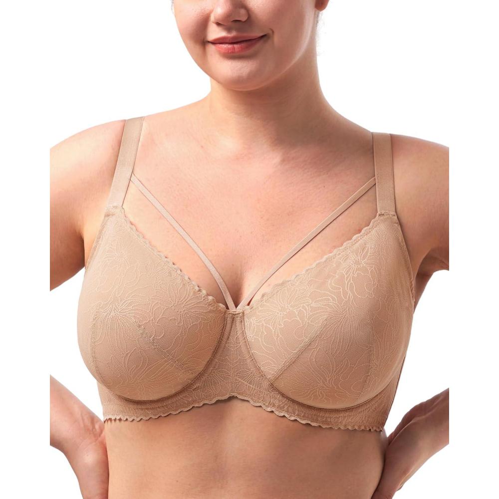 imageHSIA Minimizer Bras for Women Full Coverage Unlined Lace Sexy Plus Size Underwire Bra for Large BreastsWarm Beige