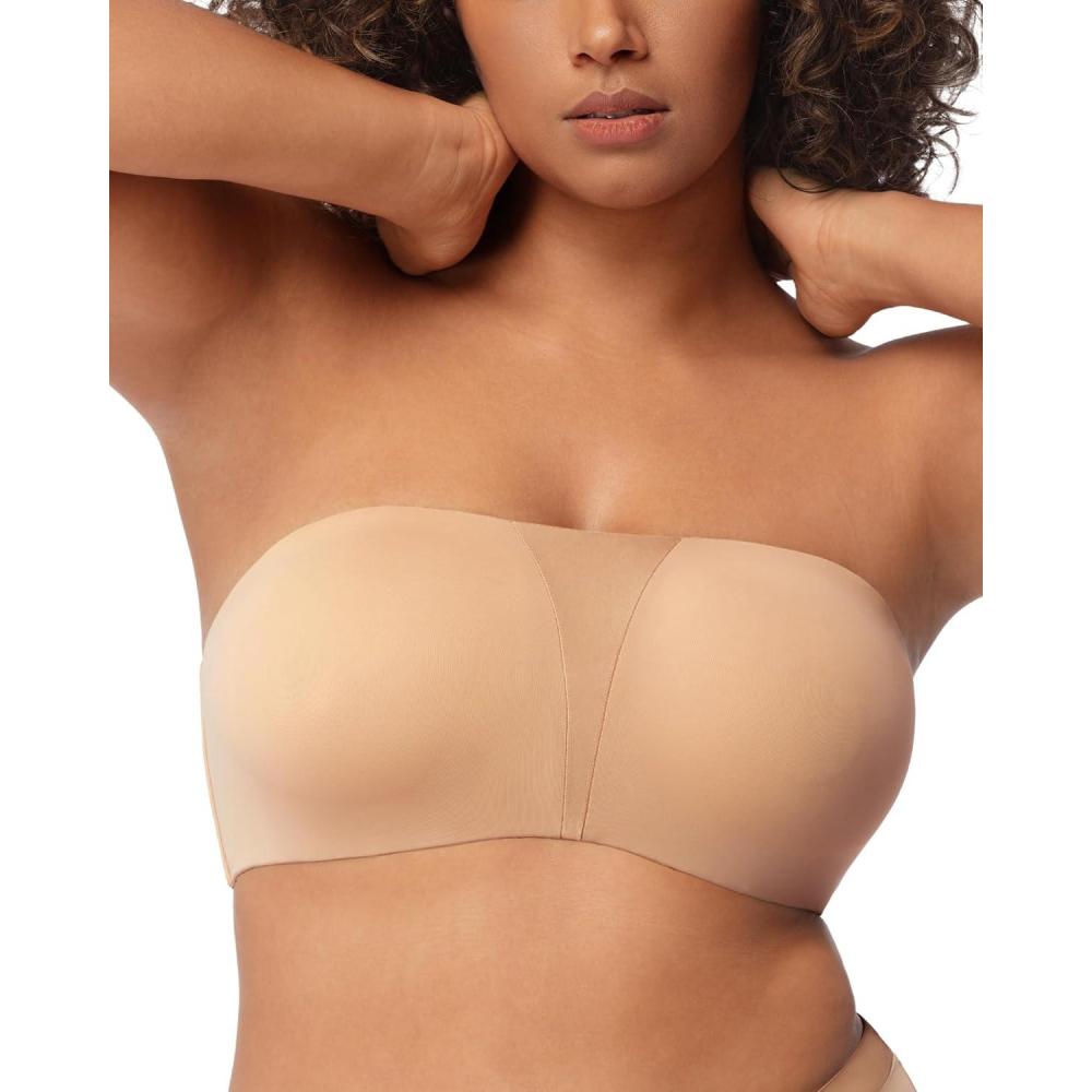 imageHSIA Strapless Bra for Big Bust Women Plus Size Full Coverage Bandeau Fiery Bra AntiSlip Underwire Support for Large BreastBeige
