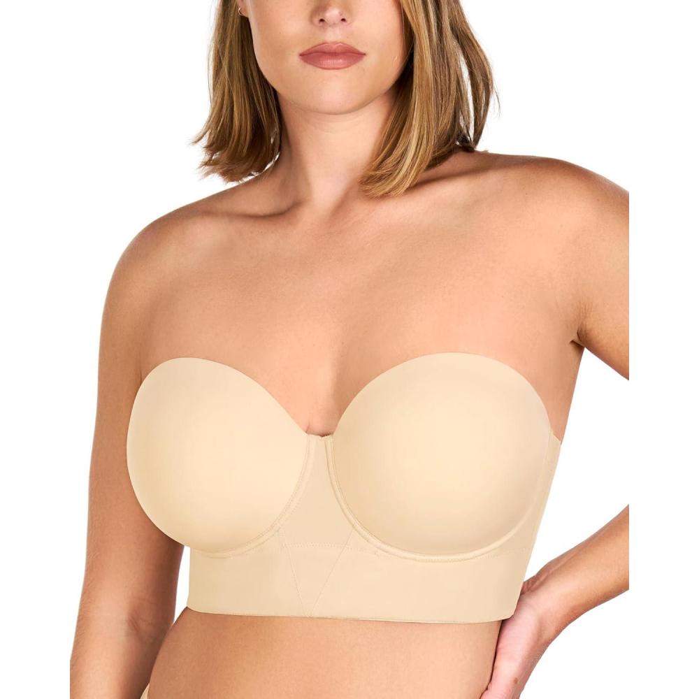 imageHSIA Strapless Bras for Women Longline Bandeau for Large Bust Plus Size Supportive Corset Non Slip Convertible BustierBeige