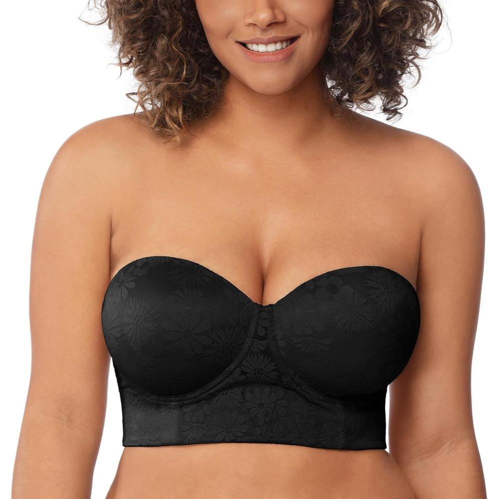 imageHSIA Strapless Bras for Women Longline Bandeau for Large Bust Plus Size Supportive Corset Non Slip Convertible BustierLace Black