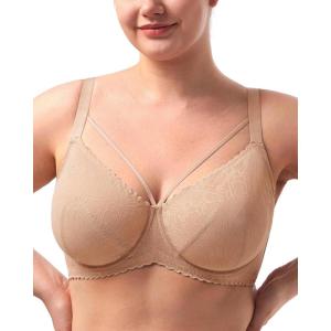 imageHSIA Minimizer Bras for Women Full Coverage Unlined Lace Sexy Plus Size Underwire Bra for Large BreastsWarm Beige