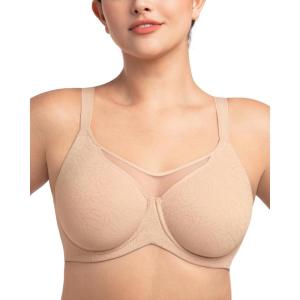imageHSIA Minimizer Bras for Women Plus Size Full Coverage Coolcomfort T Shirt Unlined Bra with Underwire for Heavy BreastLight Beige With Floral Print